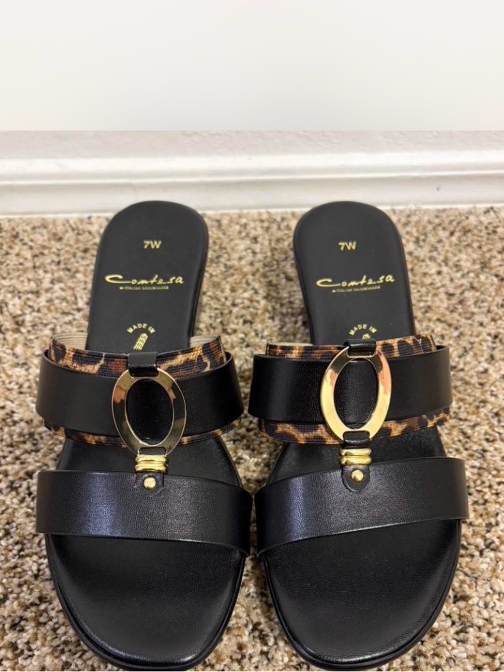 Black Leopard Accent Slide Sandals